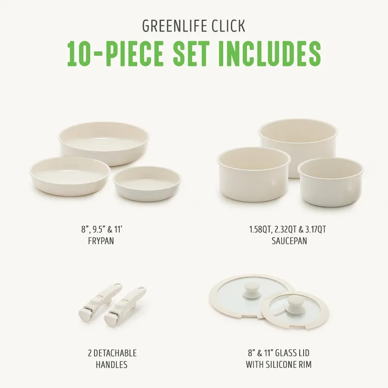 Set di pentole antiaderenti in ceramica da 10 pezzi, manico staccabile, cucina salvaspazio essenziale, pentole e padelle non tossiche senza PFAS