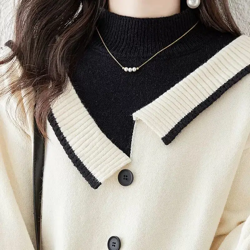 Fashion Women Clothing Sweaters Pullovers Spring Autumn Half High Collar Fake Two Pieces Loose Casual Long Sleeve Knitted Tops