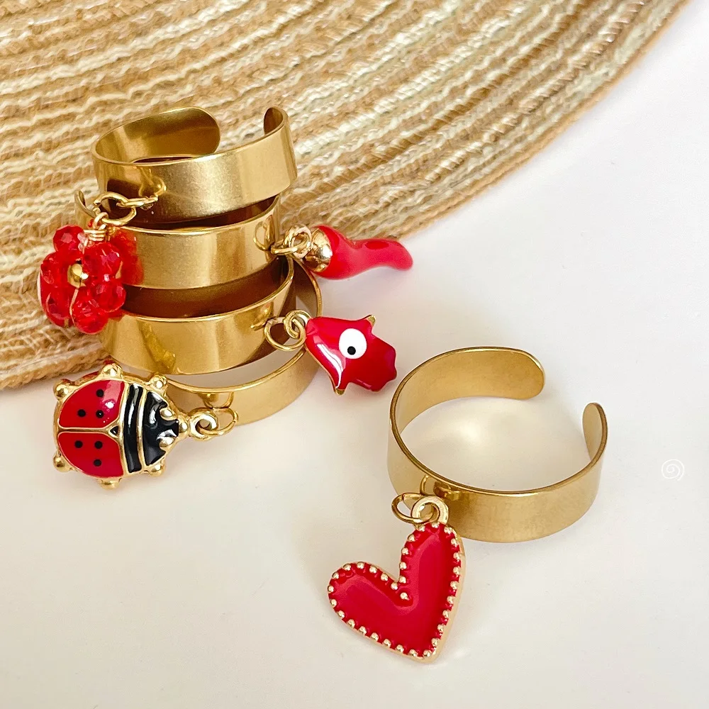 

Women’s Gold Stainless Steel Adjustable Open Ring with Flower, Evil Eye, Clover, Ladybug Charms