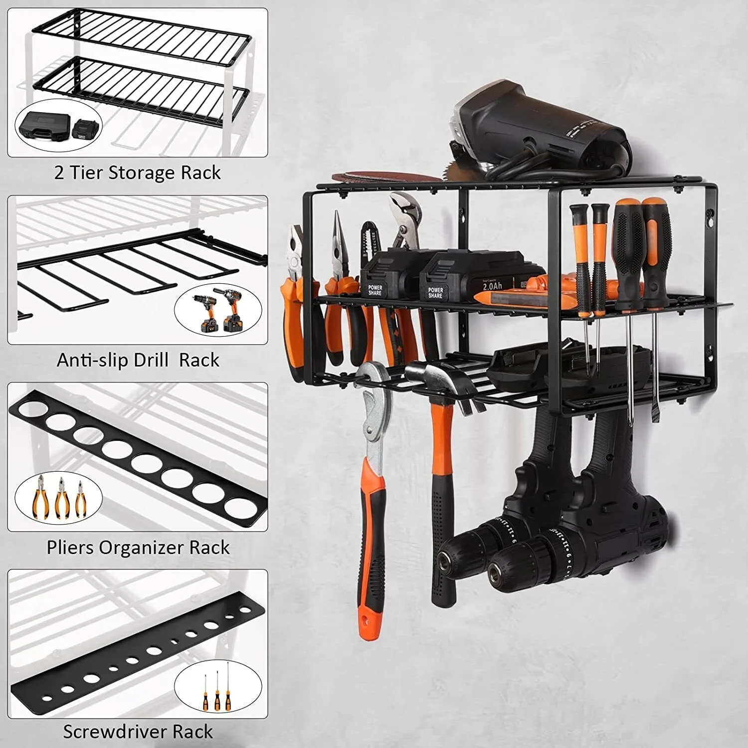 2 Pack Power Tool Organizer,Garage Organization and Storage, Drill Holder Wall Mount,Utility Racetk for Cordless Drill