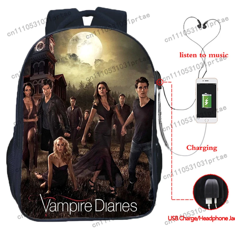 The Vampire Diaries USB Large Capacity Teenagers Cosplay Damon Shcoolbag For Students Boys Laptop Travel Backpack Kids Book Bags