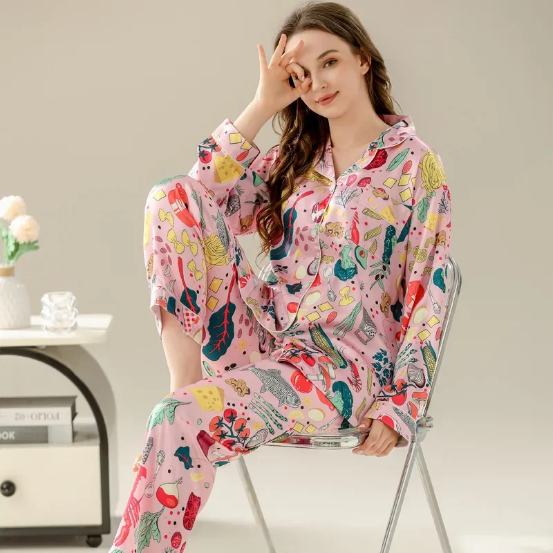 Women\'s Pajamas Sets Spring Autumn 2 Piece Print Pyjama Faux Silk Satin Sleepwear Long Sleeve Pijama Mujer Pjs Homewear