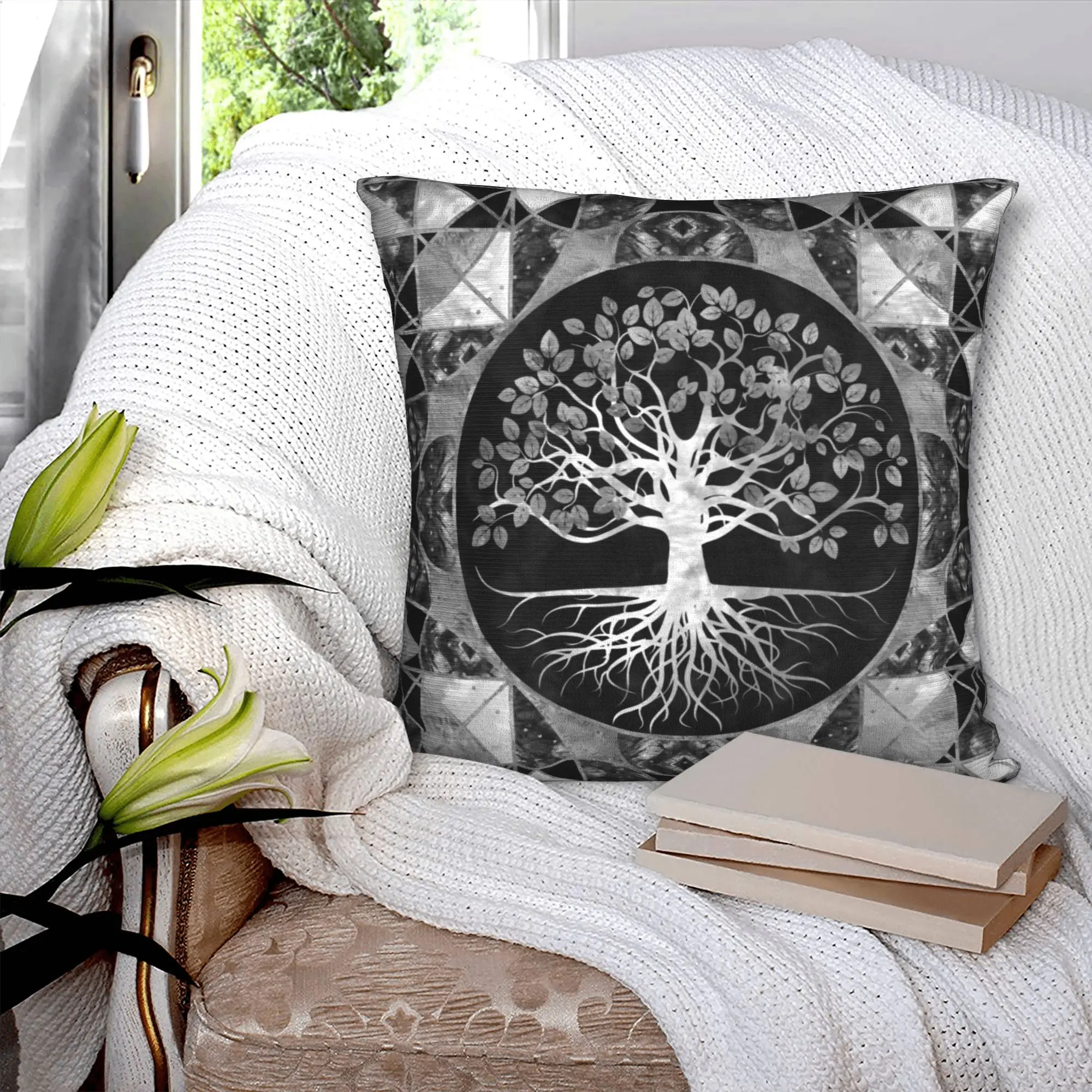 Tree of Life Gray scale Gemstone Pillow Covers Decoration Fashion Viking Yggdrasil Cushion Decoration Salon Square Pillowcase