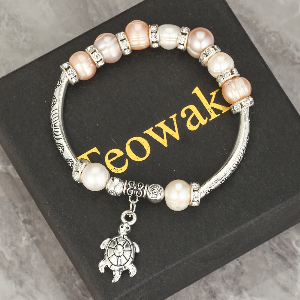 TeoWaki Natural Freshwater Pearls Bracelet Glass Rhinestone Alloy Spacers Hollow Sea Turtle Charm Daily Jewelry Best Gift18-19cm