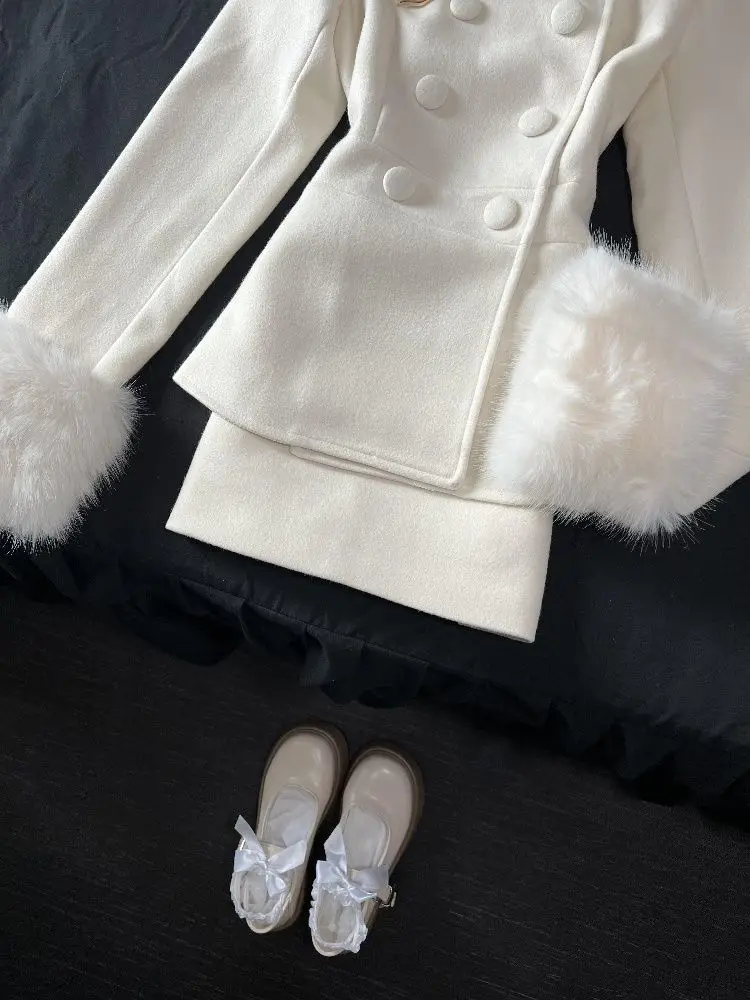 الشتاء الفرنسية أنيقة المرأة مجموعات الكورية أزياء خمر تصميم 2 قطعة مجموعة التخسيس الفراء طوق الدعاوى شيك الزي ملابس امرأة