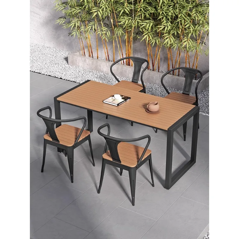 Outdoor dining table and chairs Sunscreen courtyard Open-air park Balcony Outdoor long table Leisure restaurant Plastic wood boa