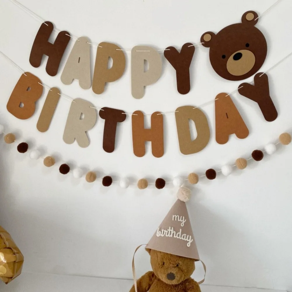 Lovely Brown Teddy Bear Flag Decoration set Non-woven Fabric Happy Birthday Letter Party Banner Baby Shower party decor