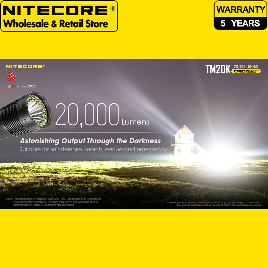 Winner of Red Dot Award NITECORE TM20K 20000 Lumen Tactical Searchlight Flashlight Built-in 9600mAh Rechargeable Battery