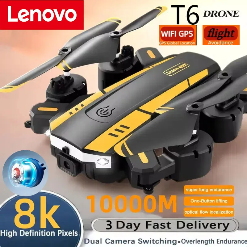 Lenovo-Dron T6 8k Profesional 4K HD GPS, cámara para evitar obstáculos, fotografía aérea, de flujo óptico cuadricóptero plegable, 10000M ﻿