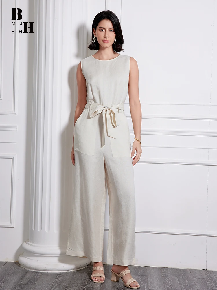 New Summer Fashion Cotton Linen Formal Long Jumpsuits Women Clothes Elegant Casual Sleeveless Belt Mujer Wide Leg Loose Rompers