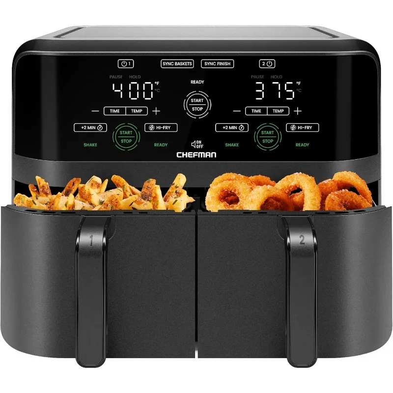 

6 Quart Dual Basket Air Fryer - Digital Touchscreen, 2 Independent 3QT Nonstick Dishwasher-Safe Frying Baskets -Black