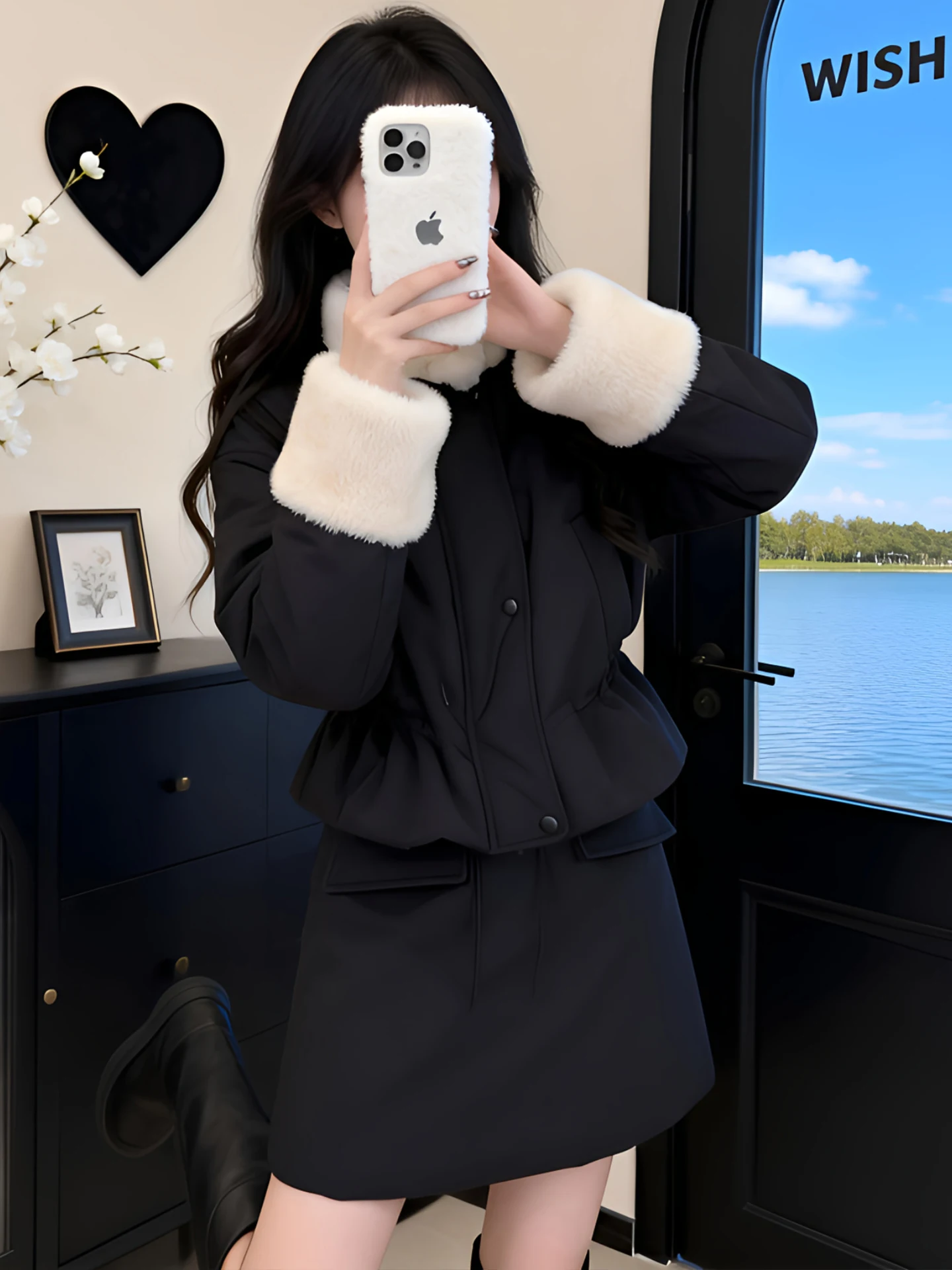 

Fashionable Cotton Jacket And Skirt Set Women's Autumn Winter New Design Sensation Fur Collar Short Waist Inward Coat Half Le...