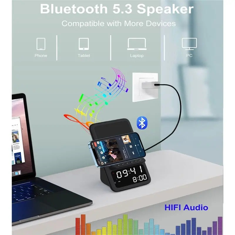 HOT!A72T Alarm Clock And Bluetooth Speaker Integrated Wireless Charging Station For Android For Phones