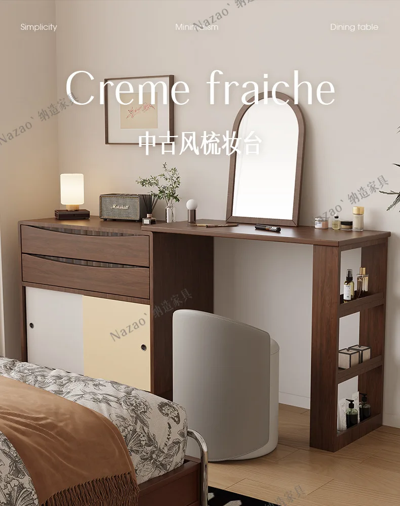 Yjq retro style walnut color solid wood dresser chest integrated medieval small apartment bedroom makeup table