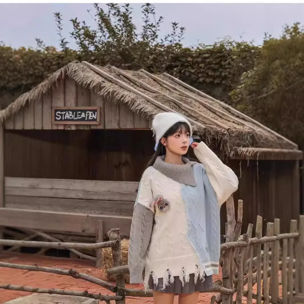 

Fried Dough Twists Sweater Women's Knit Half height Diagonal Collar Color Contrast Top