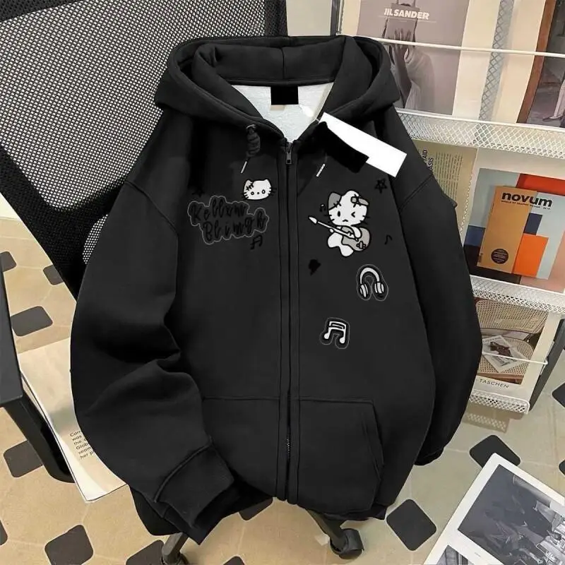 

Sanrio Hello Kitty Hooded Zip Up Cardigan Cotton Blend For Men Women Students Outdoor Cute Sweet Loose Fit Slimming Trendy