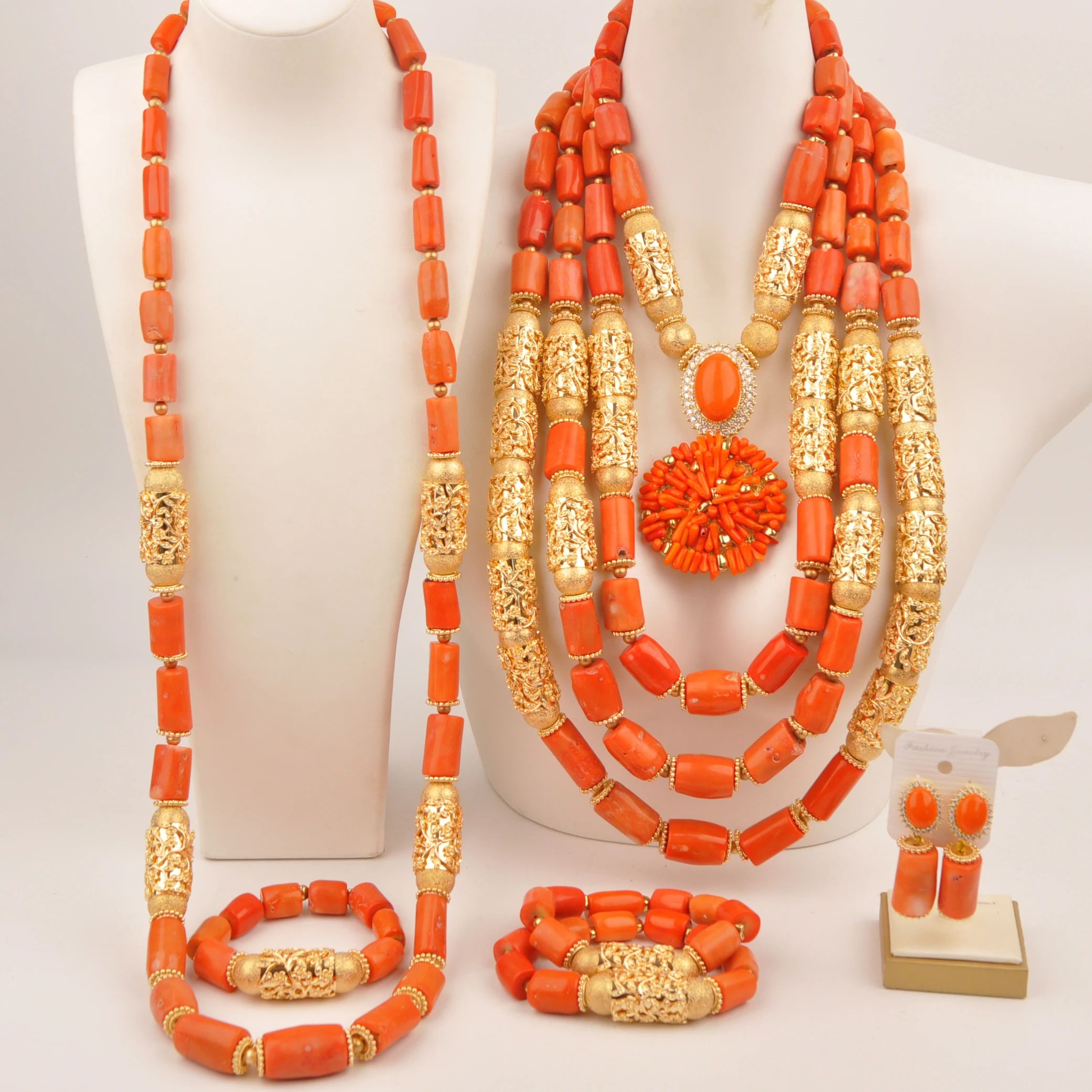 

African Wedding Groom Bride Necklaces Original Orange Coral Bead Couple Jewelry Sets