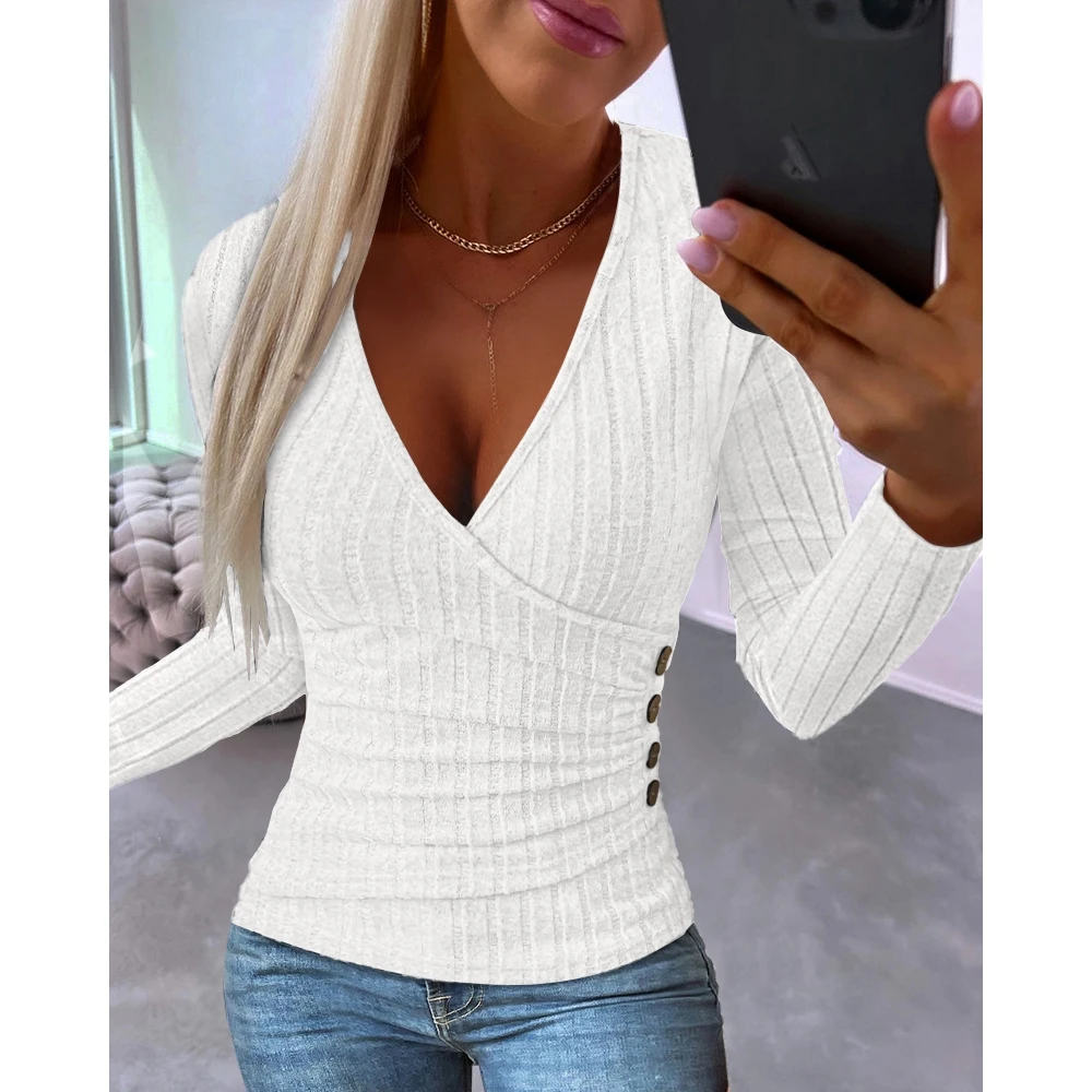 

Autumn Women Side Button Decro Sexy Plunge V-Neck Long Sleeve Top Sweatshirt Spring y2k Femme Casual Ruched Slim Ribbed T-Shirt