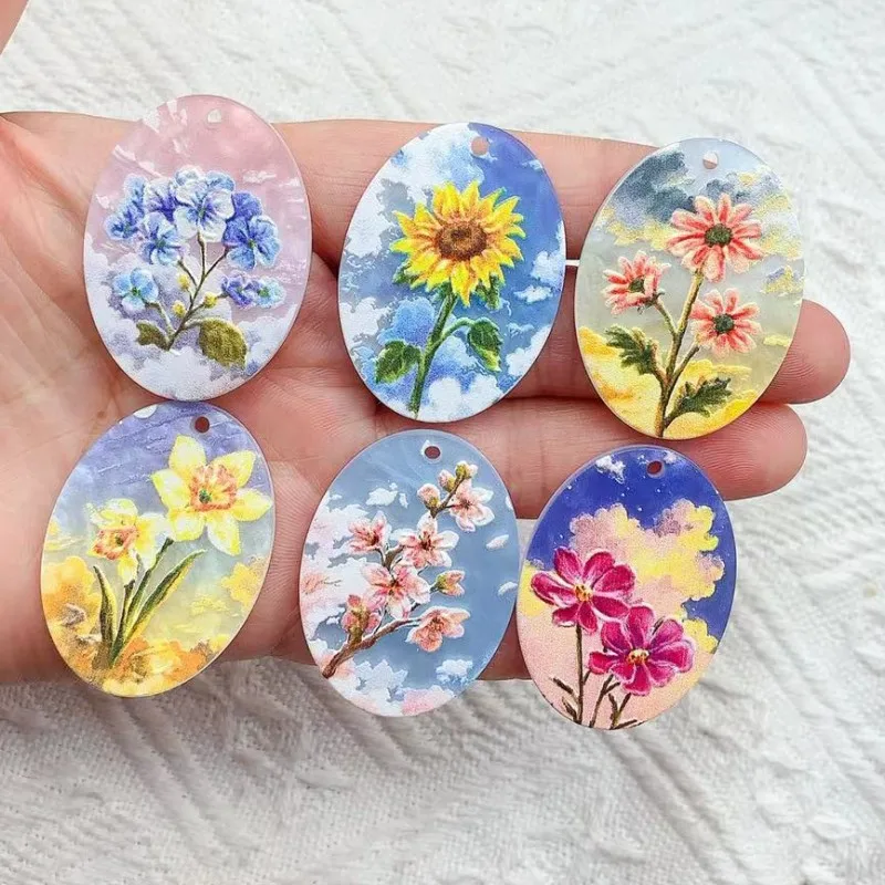 10Pcs Painting Charms Creative Acrylic Colorful Flower sunflower Cloud Gril Necklace Pendant DIY Making Accessories