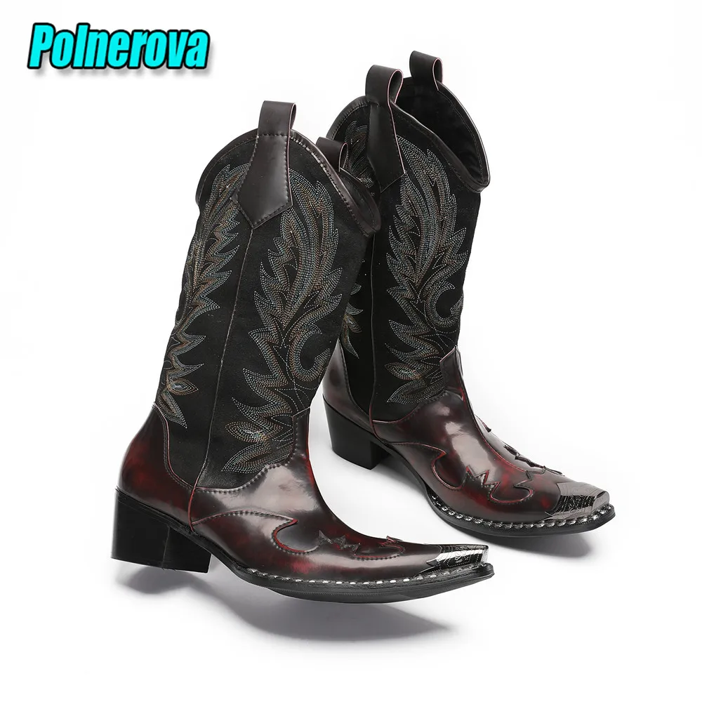 

Metal Toe Embroidered Mid-Calf Boots for Men Retro Wine Red Black Genuine Leather Chelsea Boots British Style Male Dress Shoes