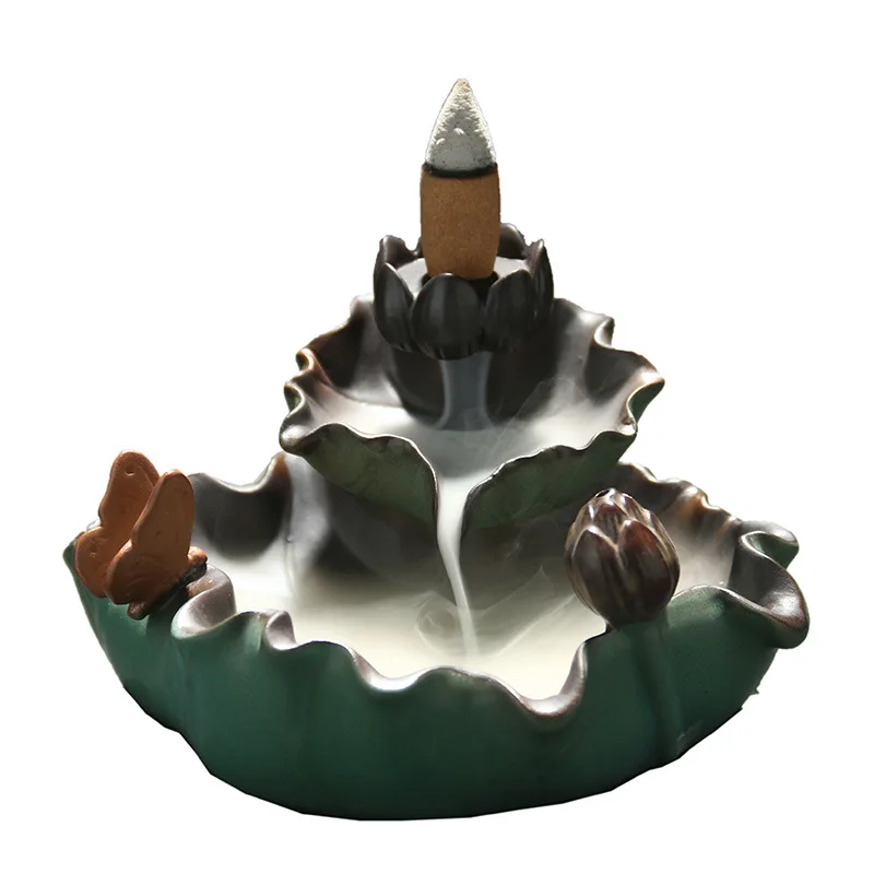 

Creative Butterfly Lotus Incense Burner Furnace Ornamental Sandalwood Smoking Backflow Censer Ceramic Antique New N50