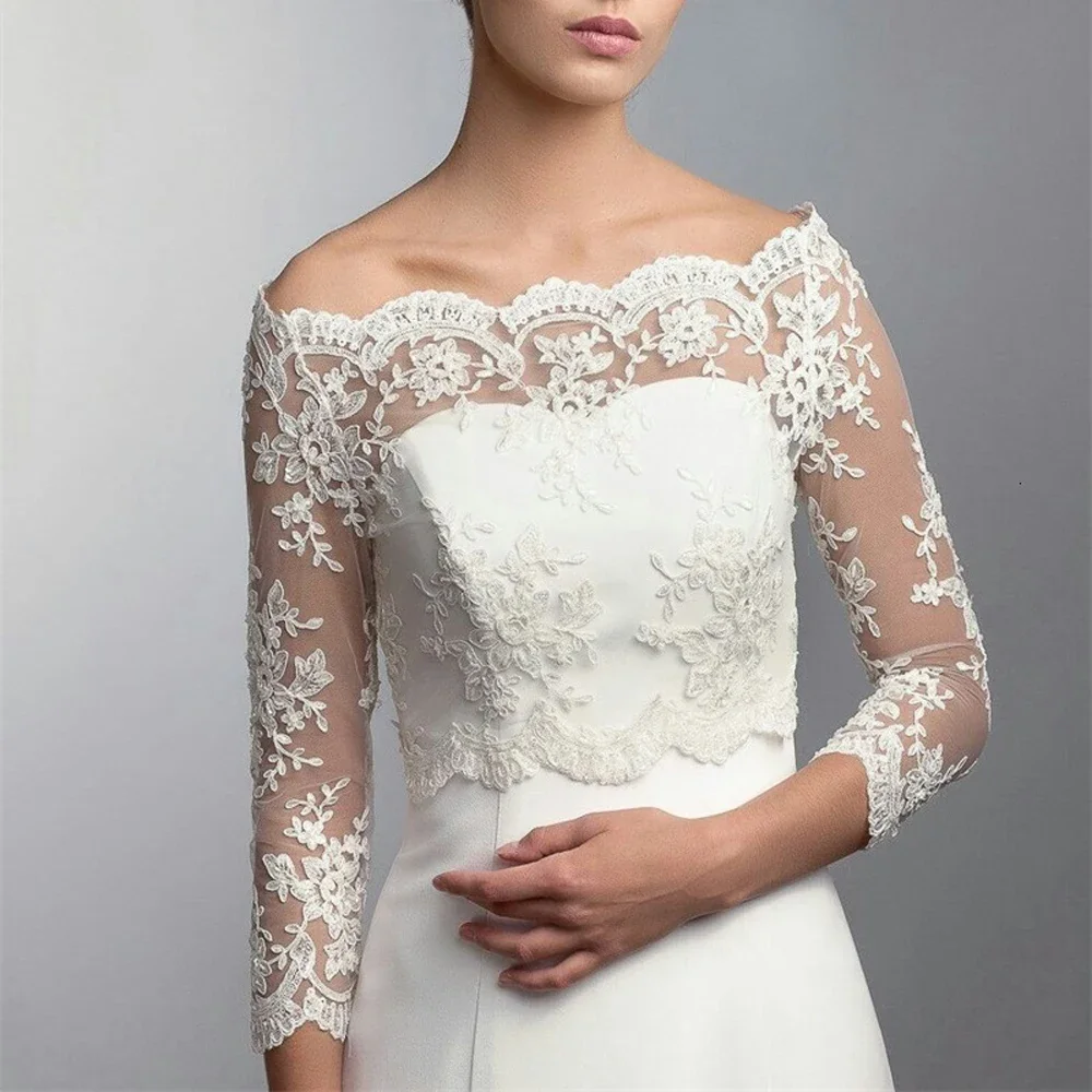 

Bridal Lace Jacket Bateau 3/4 Long Sleeve Appliques Wrap Sheath Bridal Bolero For Wedding Dresses