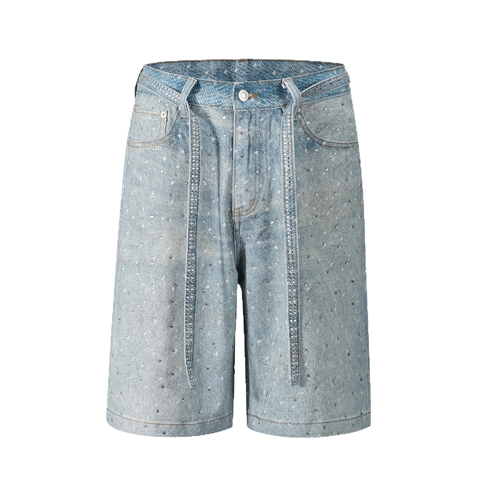 

Модные джинсовые шорты до колен со стразами и поясом, весна-лето 2026, женские свободные универсальные джинсы, трендовые шорты в уличном стиле