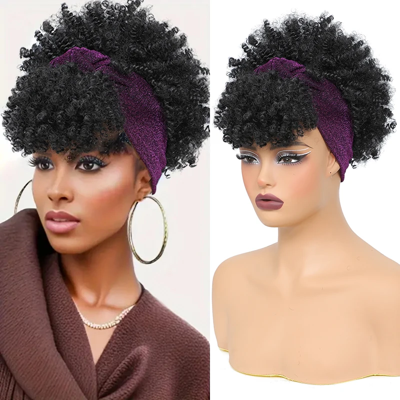 Black Kinky Curly Headband Wigs with Bangs Short Afro Curly Head Band Wig for Black Women Synthetic Puff Curly Scarf Wrap Wig