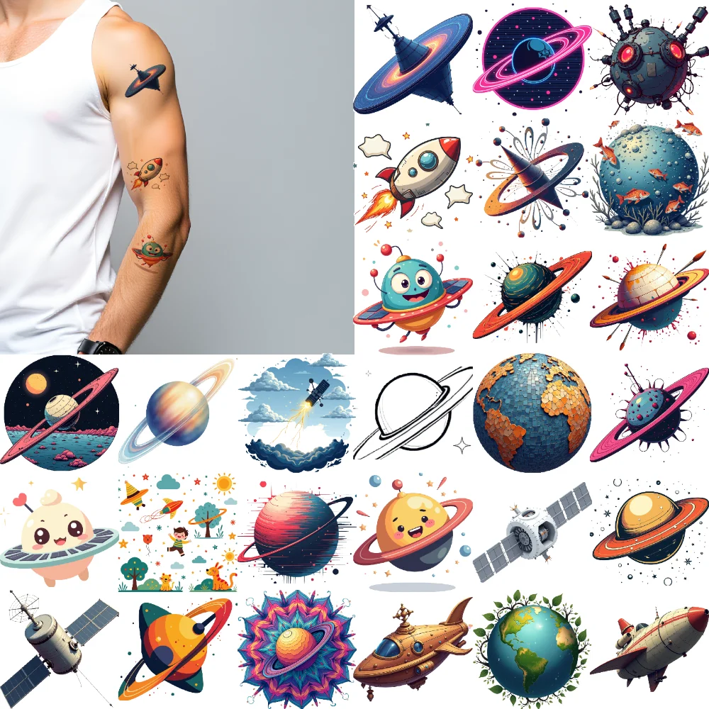 

28pcs Temporary Tattoo Space Designs Cartoon Decorative Patterns Planet Motifs Temporary Tattoo Stickers For Shoulders Cheeks