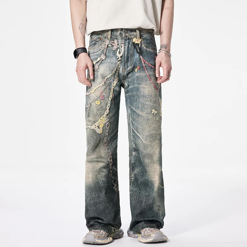 

JK9673 American High Street3DDigital Printing Candy Chain Distressed Machete Jeans Men's Straight Casual Pants Trendy Couples