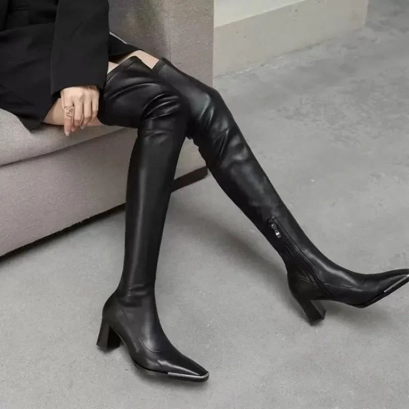 Shoes for Women 2023 Autumn Winter New Patent Leather Women\'s Over-the-Knee Boots Sexy Pointed Toe Black Long Boot Zapatos Mujer