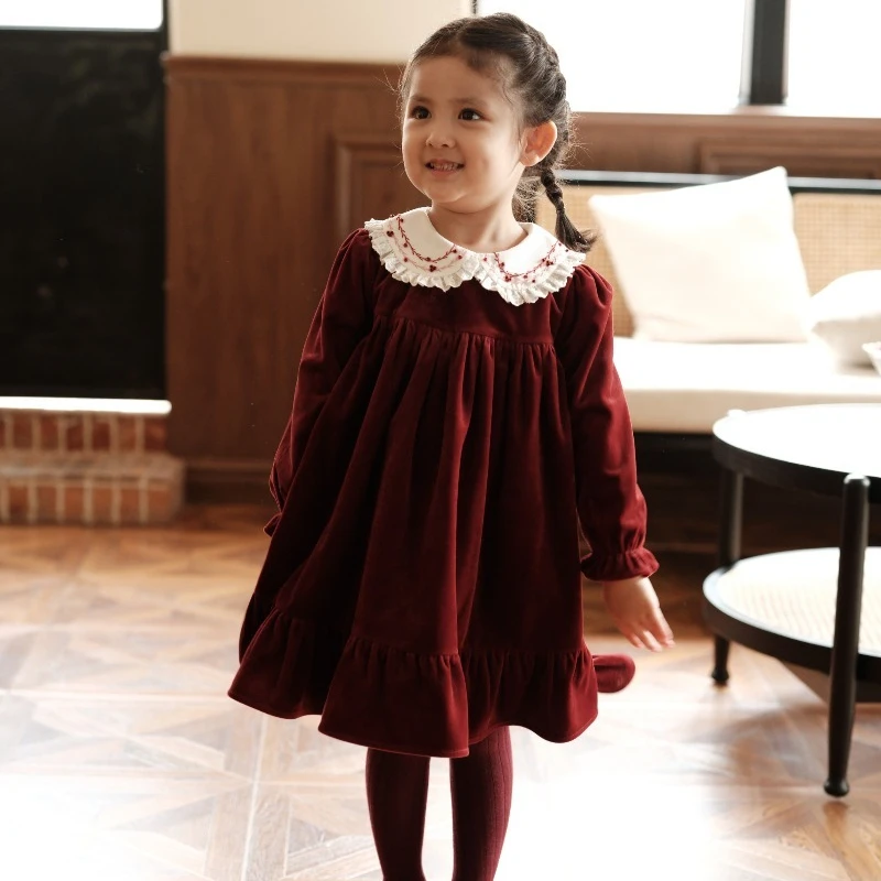 Ins شتاء جديد الفتيات المخملية فستان عيد الميلاد اليدوية طوق سميكة نسخة فستان زهرة الفتيات الحلو Smocking فستان #5