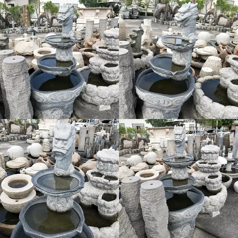 Natural Granite Hand Carved Chinese Faucet Fountain Three Layer Flowing Water Landscape Outdoor Garden Decoration