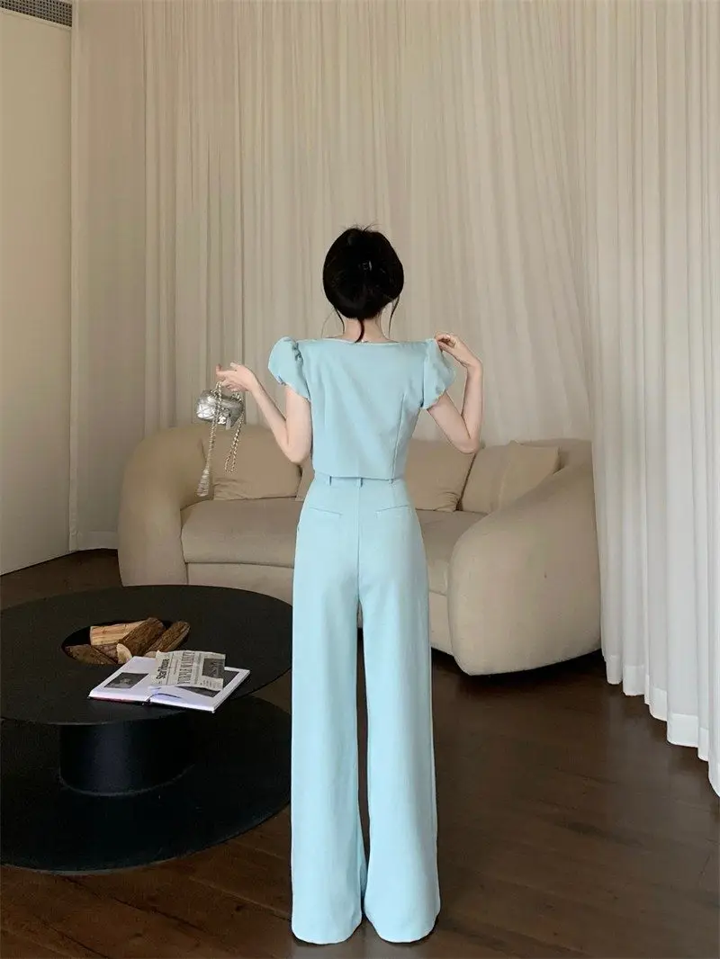 Small Fragrant Wind Set Women\'s 2023 Summer New Elite High End Short Coat Slim Straight Leg Wide Leg Long Pants Two Piece Set