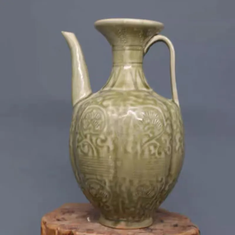 Chinese Brown Porcelain Teapot Song Yue Kiln Carved Flowers Design 7.5 inch