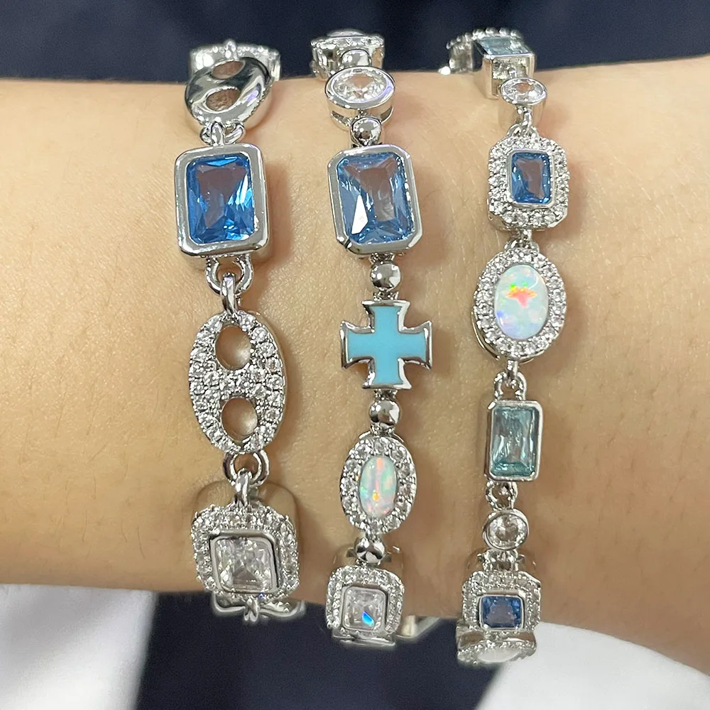 HHIOK Fine 6/8mm Sea Blue/Deep Blue Gemstone Cuban Link Bracelet Ice Out Brass CZ Personalized Hip Hop Jewelry For Men and Women view 6