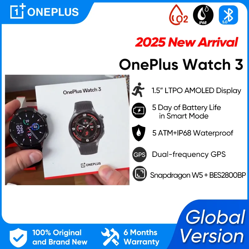 Новое поступление 2025 года OnePlus Watch 3 Global Version Смарт-часы 1,5 дюйма AMOLED 32 ГБ Snapdragon W5 Wear OS от Google Snapdragon W5 IP68
