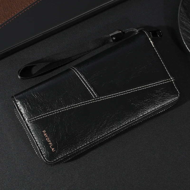 Men\'s Leather Zipper Handbag Large Capacity Long Wallet Clutch Bag Phone Bag Multi-card Card Holder Coin Purse Wallet