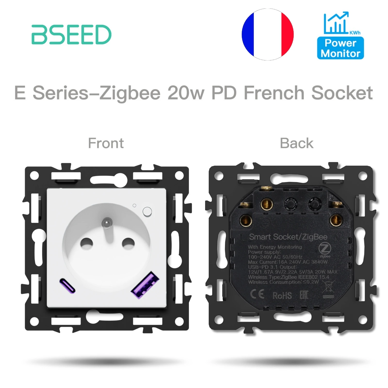 BSEED Zigbee 1/2/3/4-fach Smart-Lichtschalter für Vorhänge und Jalousien, Dimmer-Schalter mit mechanischen Tasten, Steckdosen, USB-C, DIY-Teile, Kunststoffrahmen