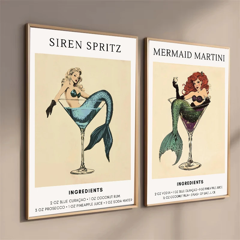 Vintage Mermaid Cocktail Poster Martini and Siren Spritz Canvas Painting Prints for Living Room Home Bar Decoration