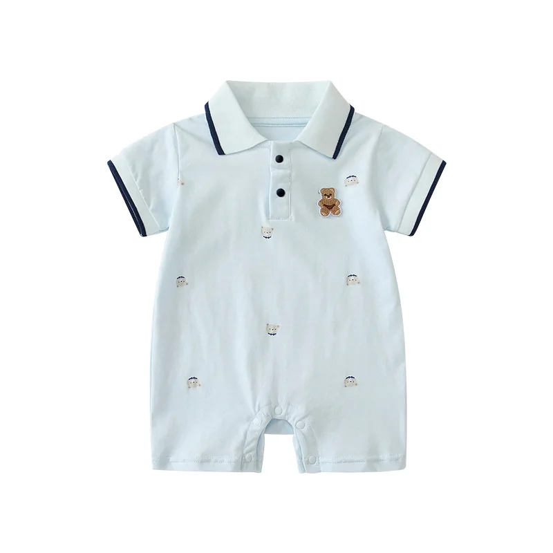 Summer Baby Boy Bear Lapel Infants Romper Short Sleeve Thin Cotton Blue Kawaii Newborn Onesie Playwear 0-1 Years Bodysuits