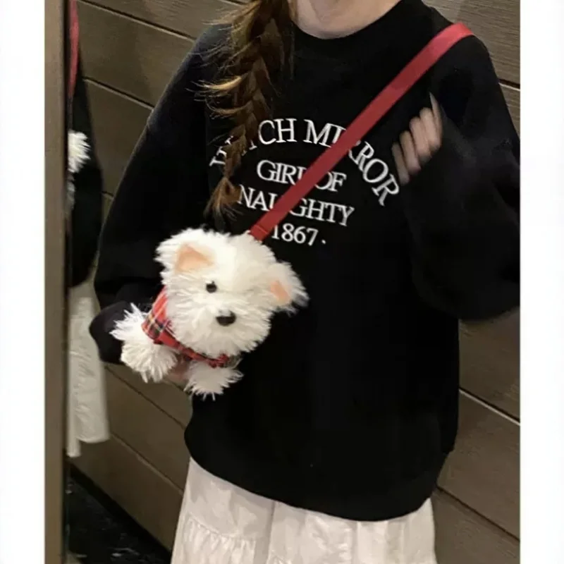 حقيبة كتف نسائية بتصميم إبداعي لكلب ويست هايلاند تيرير، حقيبة كروس بودي مع فرو صناعي، جيب خفيف الوزن بسحاب، مناسبة