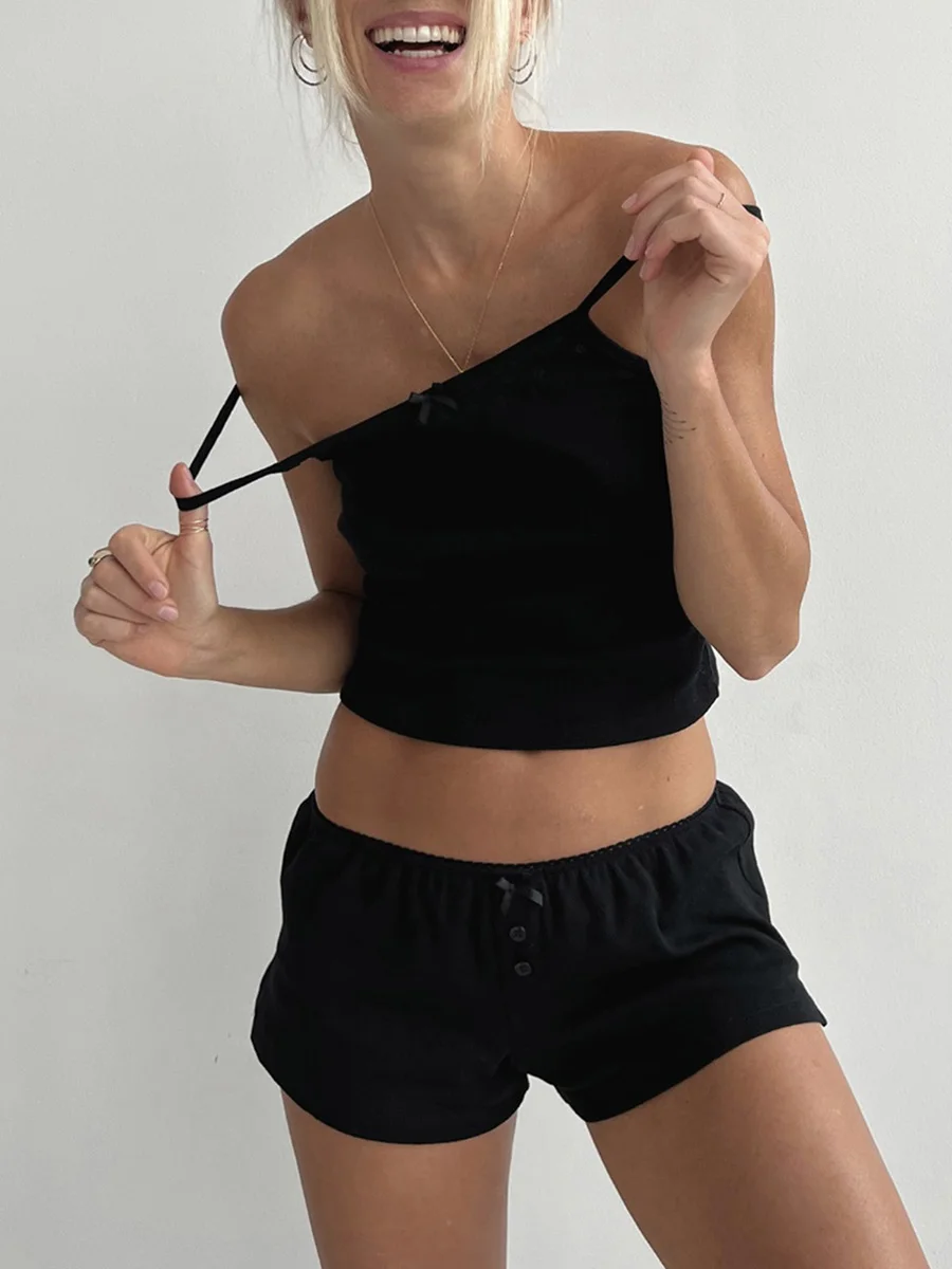 

New Women Loungewear Set 2 Pieces Suits Lace Trim Eyelet Camisoles Tank Tops And Shorts Pajamas Outfits Hot Sale S M L