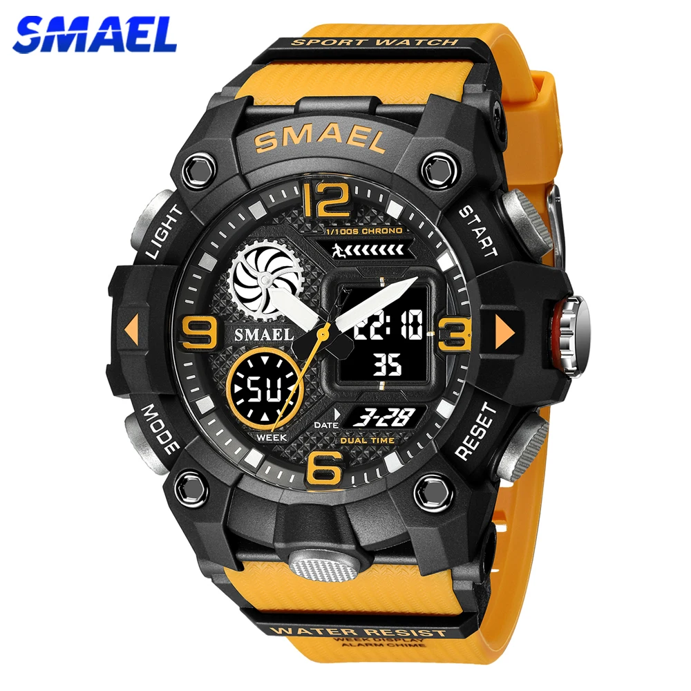 SMAEL Fashion Quartz Watch for Men Orange Men Original Top Brand Casual Sport Style Digital PU Band Dual Display Wristwatch Male