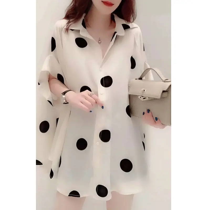 Polka Dot Chiffon Shirt Women\'s 2024 Summer New Design Sense Niche Loose Lazy Style Short Sleeved Western-style Sunscreen Top