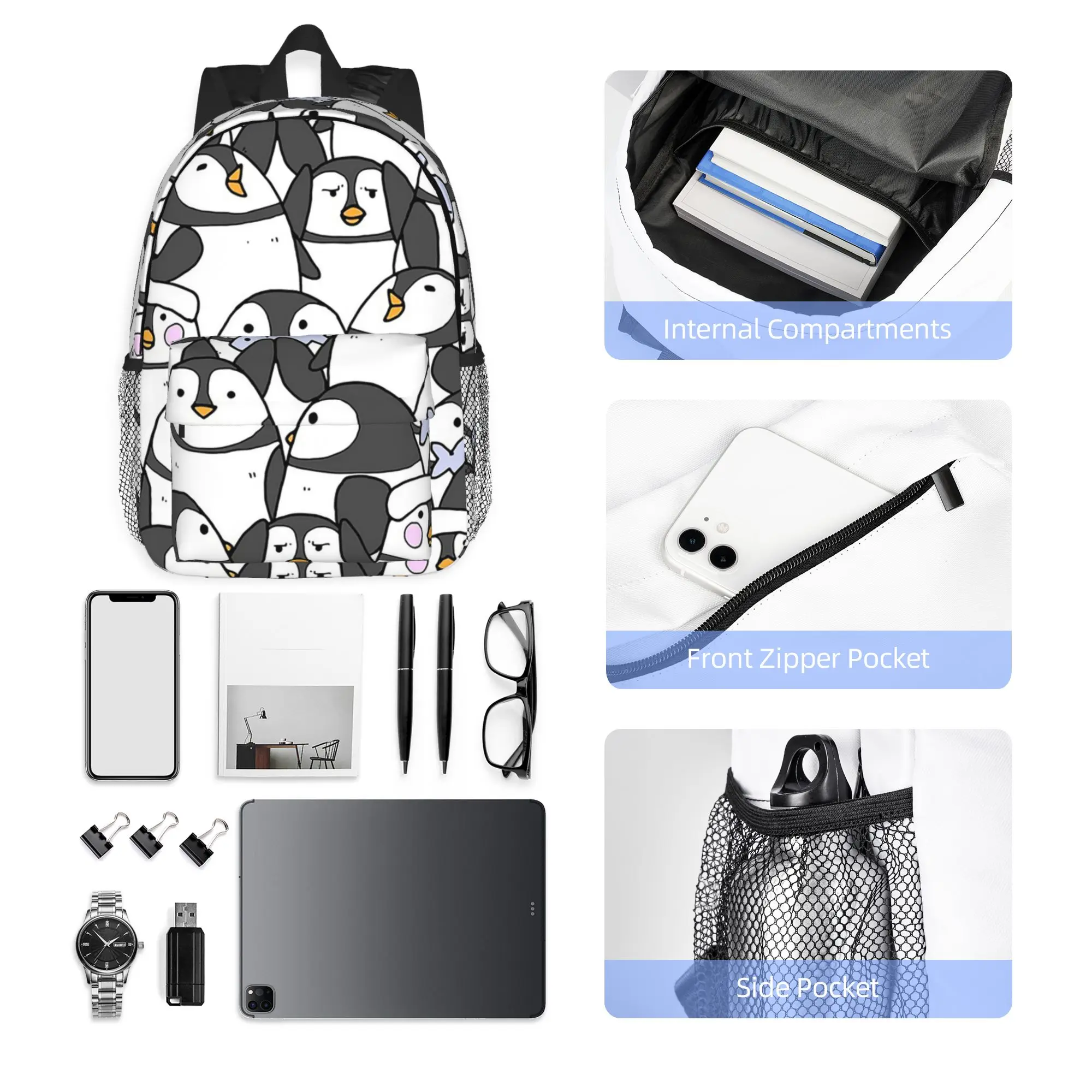 Hand Drawn Penguin Set Backpack Hot Sale Daypack Large Capacity Boys Girls BookBag Shoulder Bags for Men Women School Bag