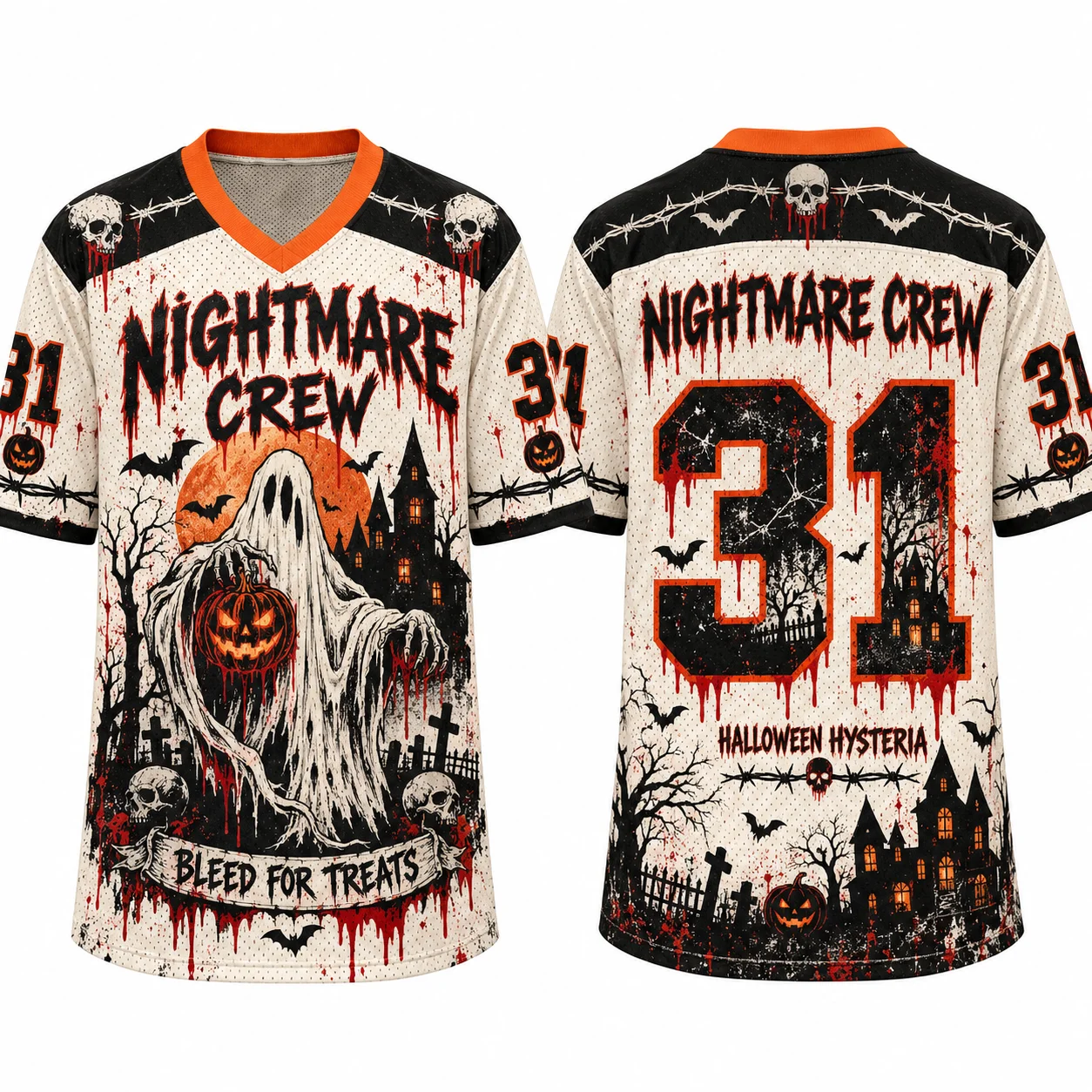 Halloween Nightmare Crew 31 Mesh Jersey, Bleed For Treats Ghost V‑Neck Short Sleeve, Horror Pumpkin Skull Oversized Party Top
