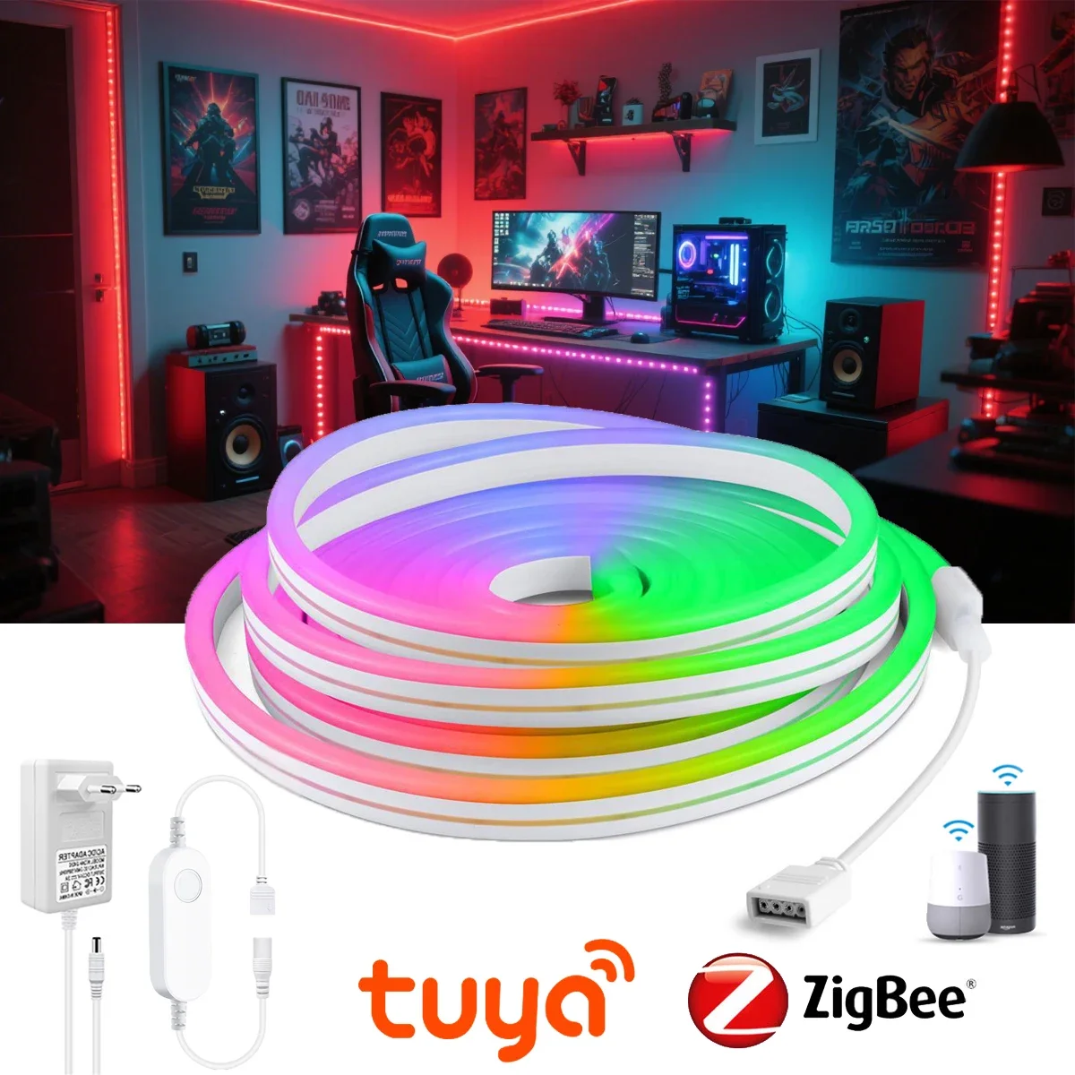 

Популярный контроллер Zigbee RGB 2/3/5 м с дистанционным управлением через приложение Tuya для светодиодных неоновых лент, создающий романтическую атмосферу в комнате, декоративная лампа