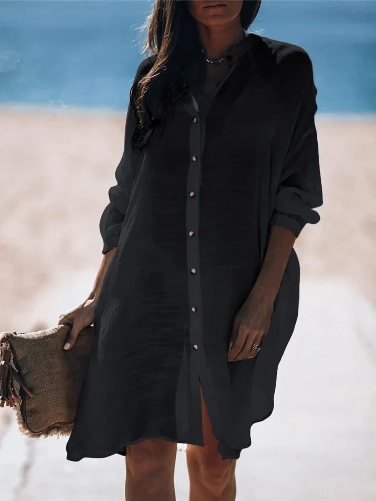 새로운 비키니 커버 업을 통해 볼 수 있습니다. 여성 비치 커버 싱글 브레스트 턴 다운 칼라 여름 패션 여성 드레스 비치웨어