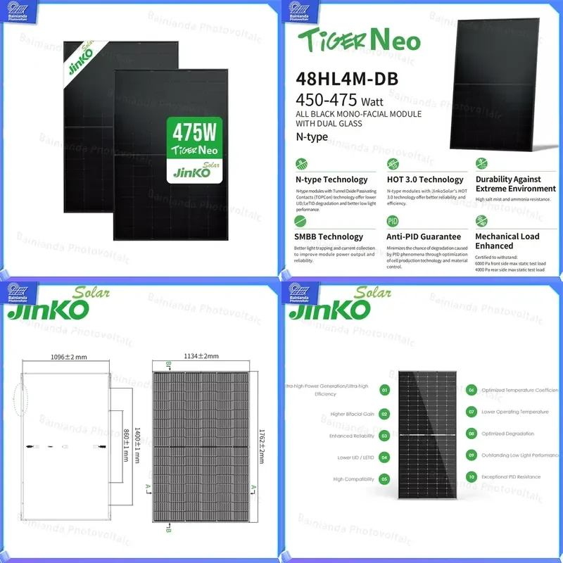Jinko JKM450-475N-48HL4M-DB 450W 455W 460W 465W 470W 475W Monocrystalline Solar Panel Double Glass Bifacial PV Module for